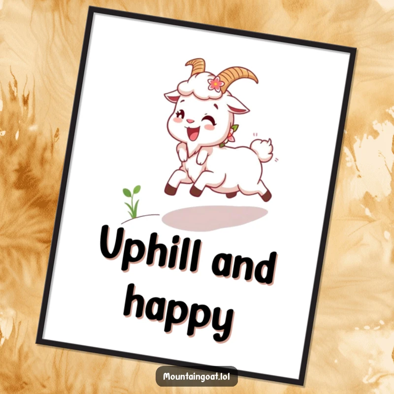 Funny Joyous Goat Poster: A delightful illustration of a happy mountain goat with flowers in its fur skipping uphill with glee.