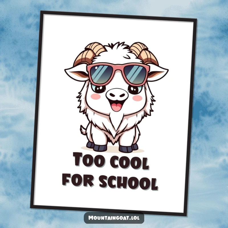 Funny Kawaii mountain goat poster showcasing a smiling goat wearing oversized sunglasses, perfect for cheerful wall art.