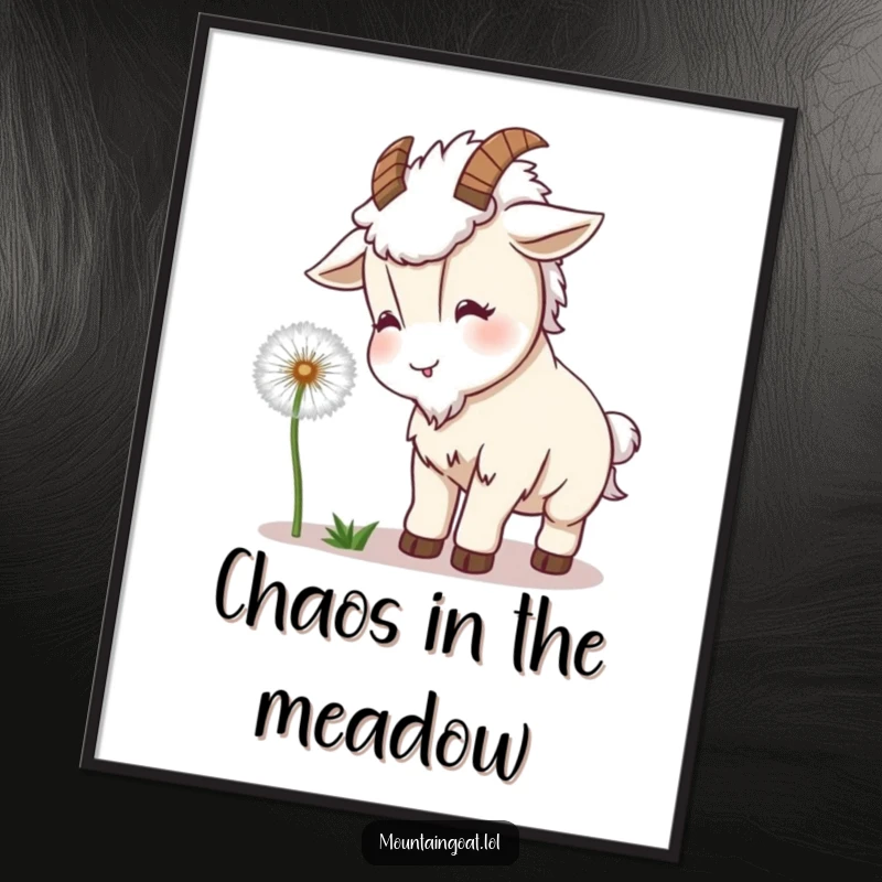 Funny Goat Dandelion Poster: A kawaii goat's playful headbutt on a dandelion adds a touch of whimsy and humor to wall decor.