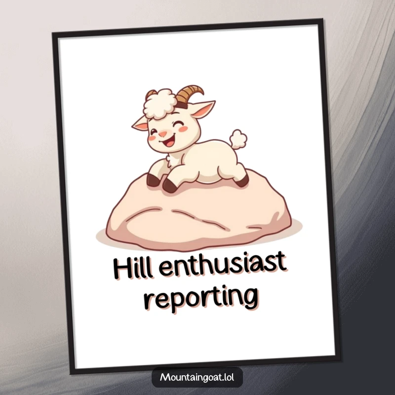 Funny kawaii mountain goat giggling and rolling down a soft hill, printed as wall art poster.