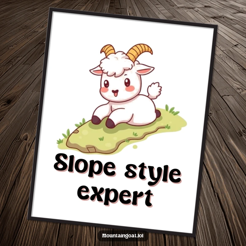 Playful kawaii mountain goat captured mid-slide down a grassy slope, exuding joy and a sense of adventure.