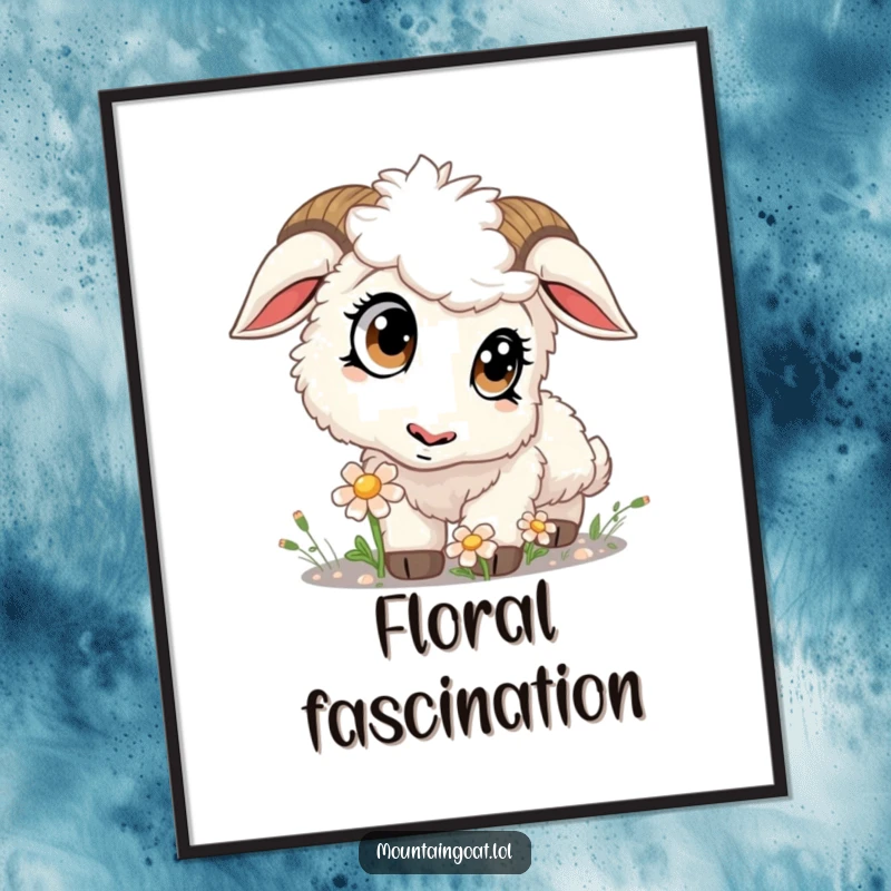 Funny kawaii mountain goat with large, expressive eyes intently sniffing a flower, displayed as charming wall art.