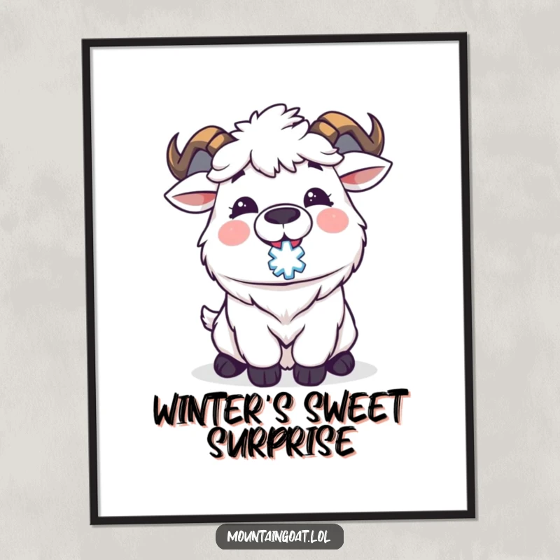 Funny Kawaii mountain goat delightedly catching a snowflake on its tongue, bringing winter joy to your walls. A humorous art print.