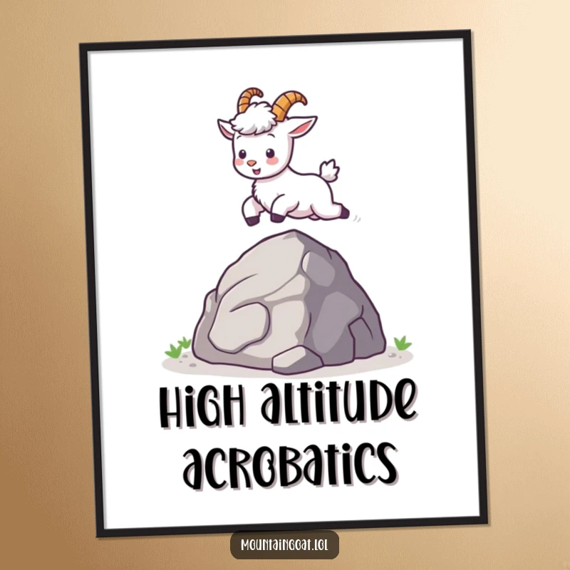 Funny kawaii mountain goat captured mid-leap, exuding pure happiness and playful energy on a vibrant poster.