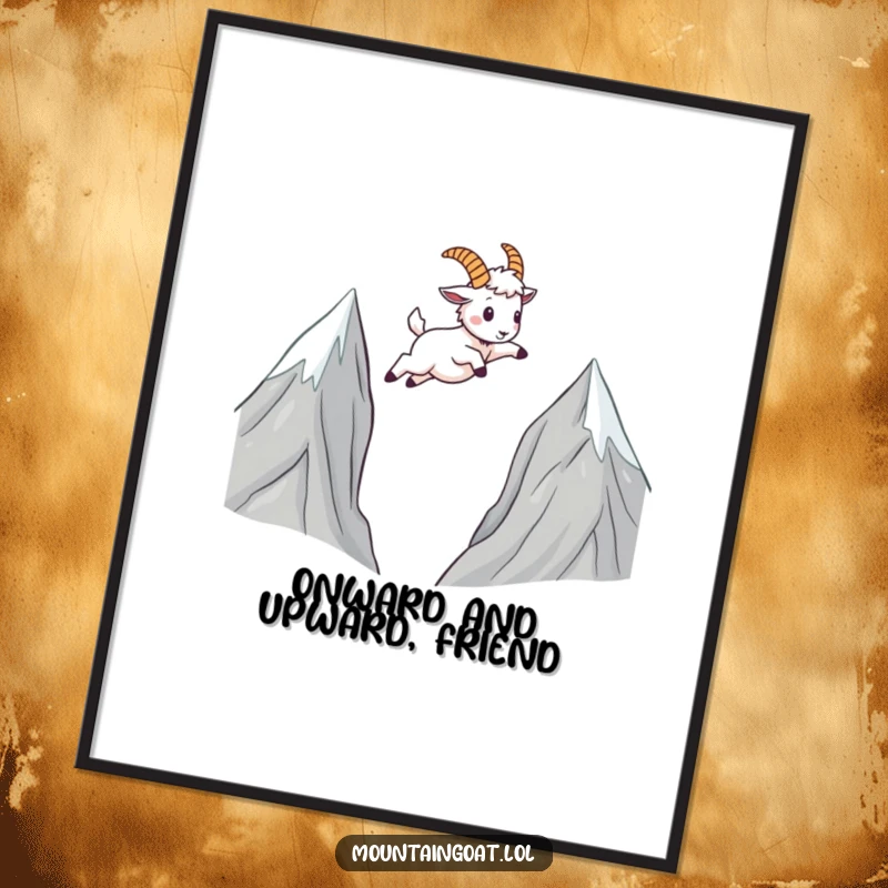 Funny Mountain Goat Poster: A charming kawaii goat leaps across mountain peaks in an artistic, humorous display for wall decor.