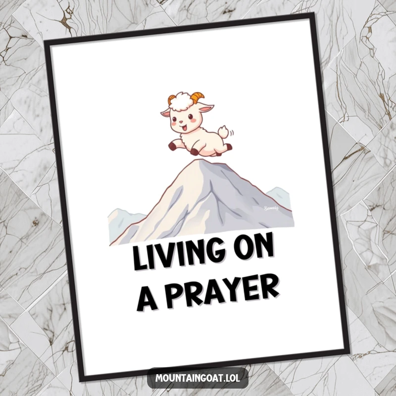 Funny kawaii mountain goat happily skipping on fluffy clouds at the peak of a mountain, creating a dreamy and inspiring art print.