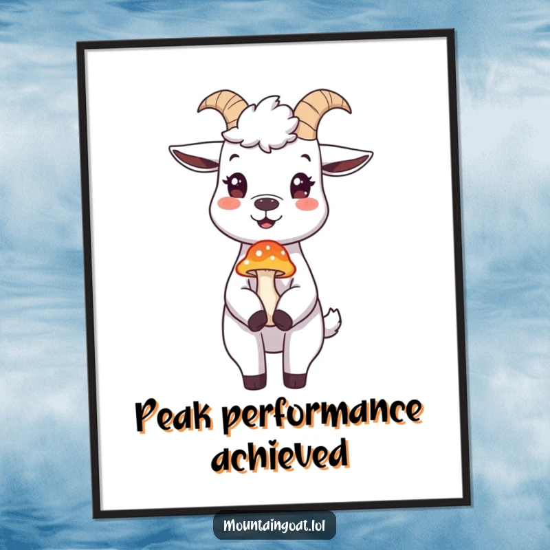 Funny mountain goat poster, a cheerful goat balancing a small mushroom on its nose, adding whimsical humor to wall decor.