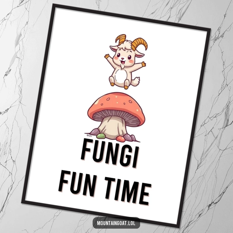 Funny mountain goat poster depicting a joyous character bopping on an oversized mushroom, ideal for adding whimsical wall decor.