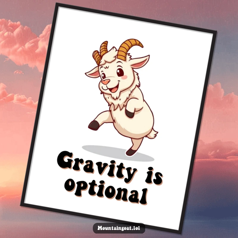 Funny mountain goat poster, a silly grinning character attempting a clumsy somersault, an amusing artwork for any adventure enthusiast.