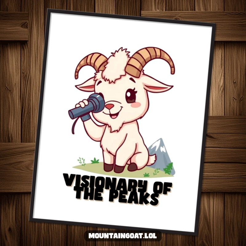 Funny mountain goat poster features a cheerful goat character using a spyglass to view a distant mountain peak, inspiring adventure.