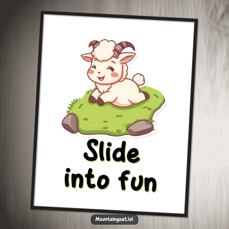 Funny mountain goat on a poster, sliding down a grassy slope with a huge smile of delight.