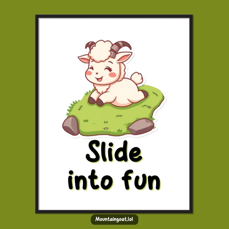 Funny Mountain Goat Sliding Poster Print: Joyful Adventure Art Gift