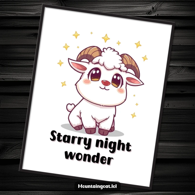 Funny Mountain Goat Star Poster: A goat with large, captivated eyes looks up at a vast sky filled with twinkling stars.