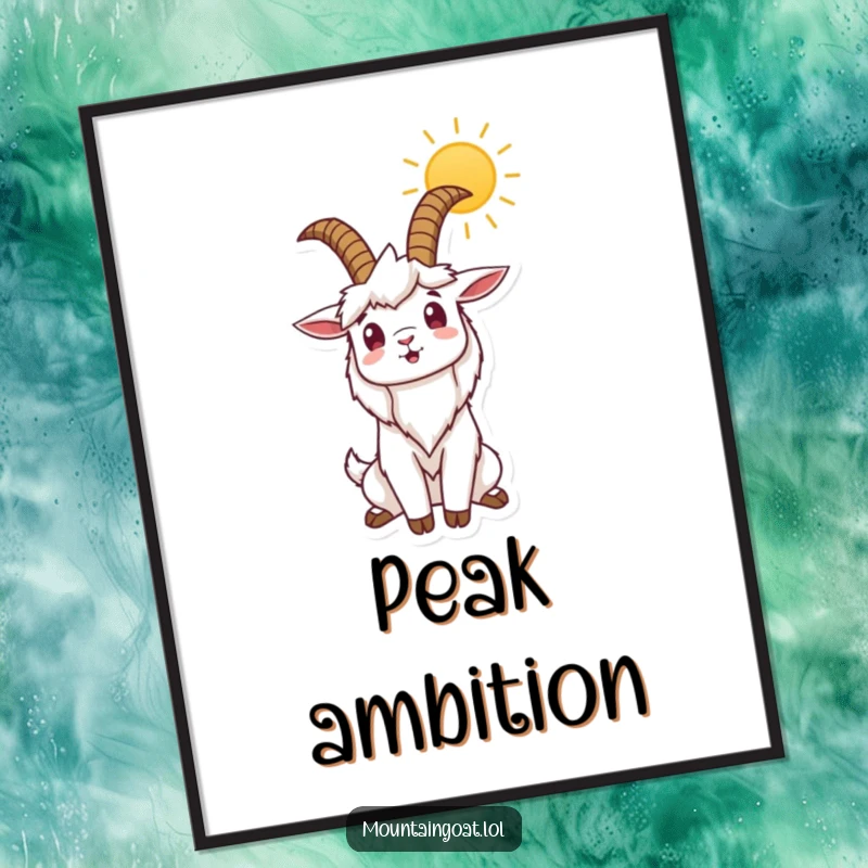 Funny poster featuring a mountain goat stretching its horns towards the sun, artfully capturing morning inspiration and outdoor enthusiasm.