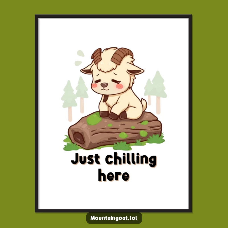 Funny Tired Mountain Goat Poster - Contented Log Sigh Art - Relaxing Decor Gift