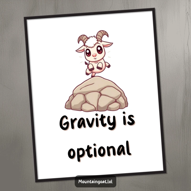 Funny Cute Goat Poster: A delightful illustration of a cute mountain goat with big eyes joyfully leaping over a boulder.