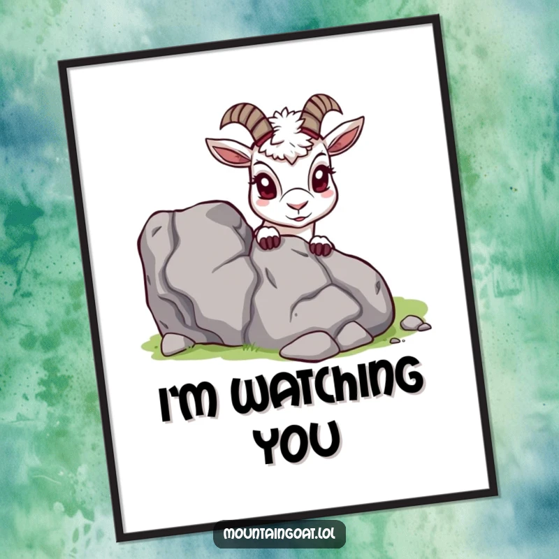 Funny Mountain Goat Poster, peeking from behind a jagged rock, art print, evoking curiosity and charm, ideal funny gift.