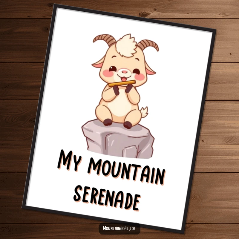 Funny kawaii mountain goat happily playing a tiny flute on a scenic mountain ledge, presented as musical wall art.