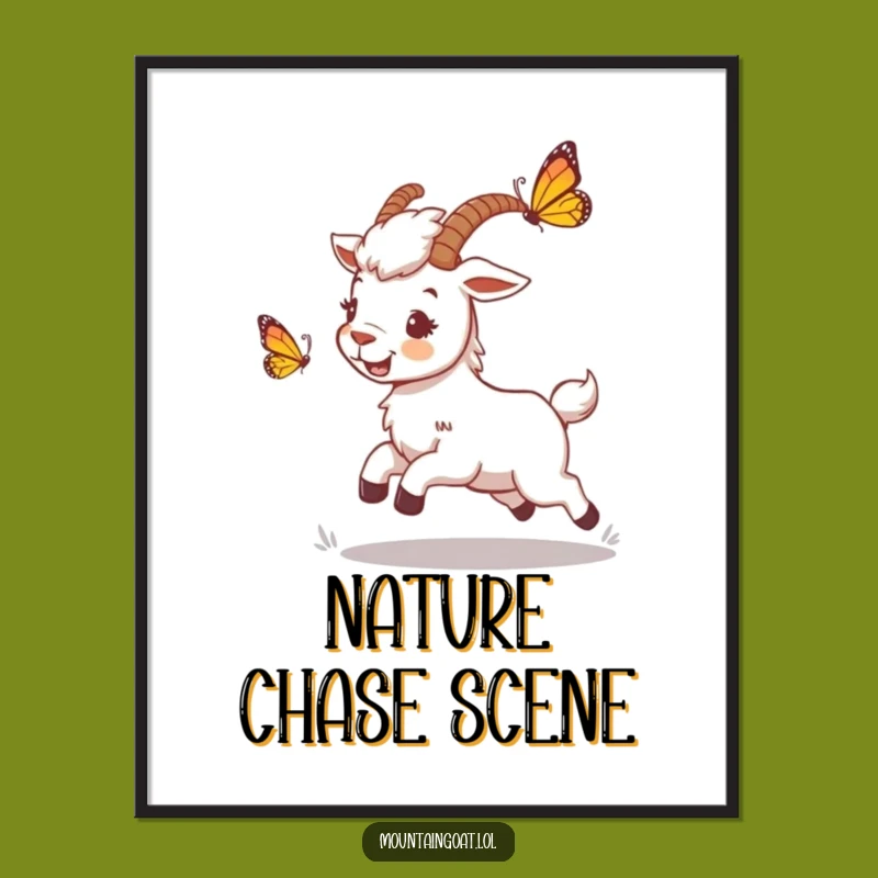 Funny Mountain Goat Butterfly Chase Poster - Whimsical Wall Art for Playful Spaces