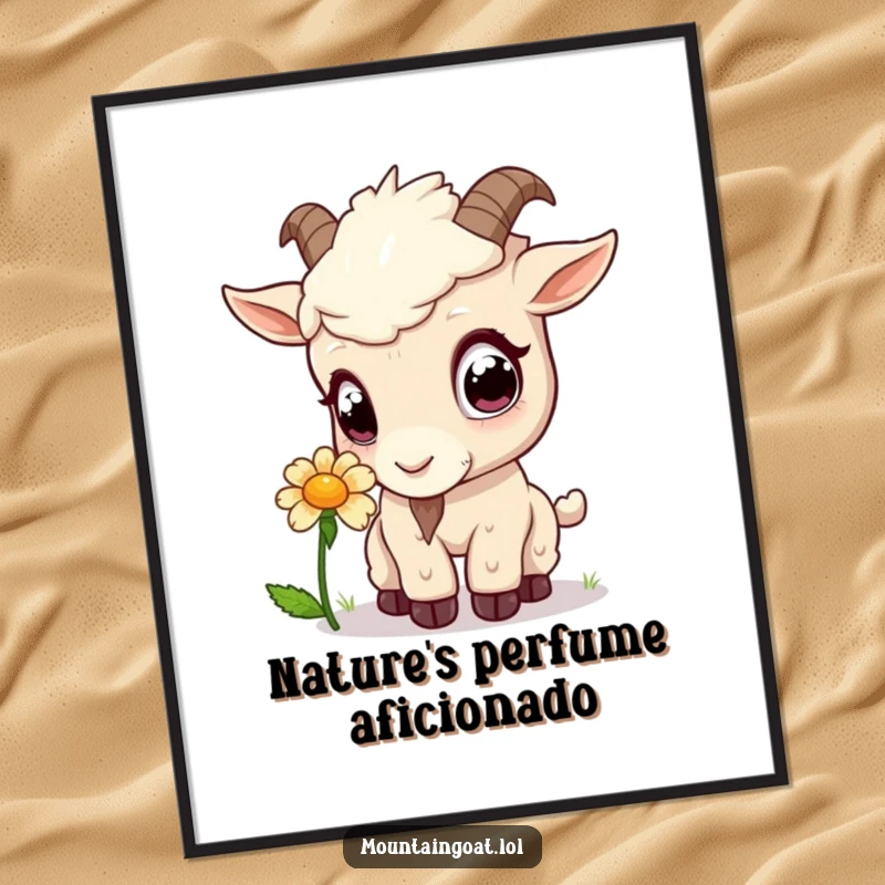 Funny kawaii mountain goat with wide, inquisitive eyes smelling a small flower, presented as charming wall art.