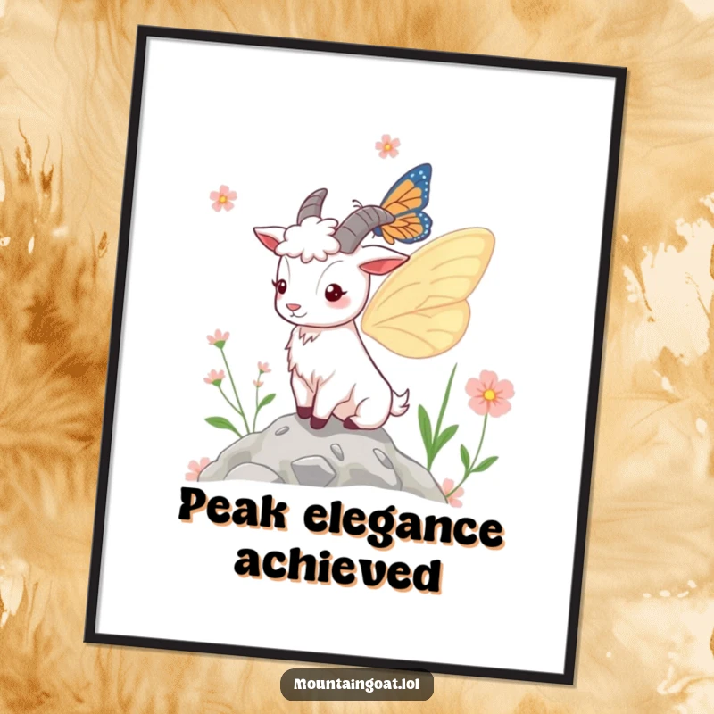 Funny Poster: A surreal scene of a mountain goat with butterfly wings, fluttering gently near a cluster of mountain flowers, evoking wonder and humor.