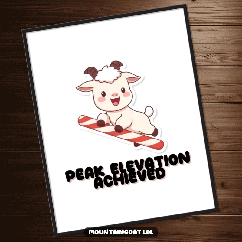 Funny kawaii mountain goat with rosy cheeks making a playful leap over a candy cane, presented as vibrant wall art.