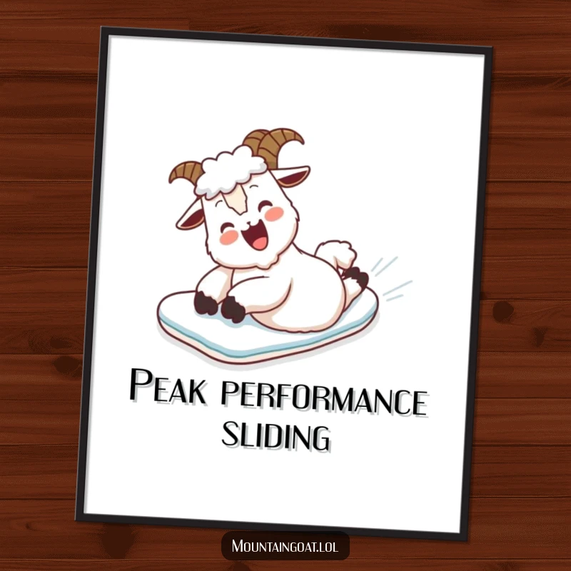 Funny Poster: A mountain goat gleefully belly slides down a snowy slope, a humorous winter scene.