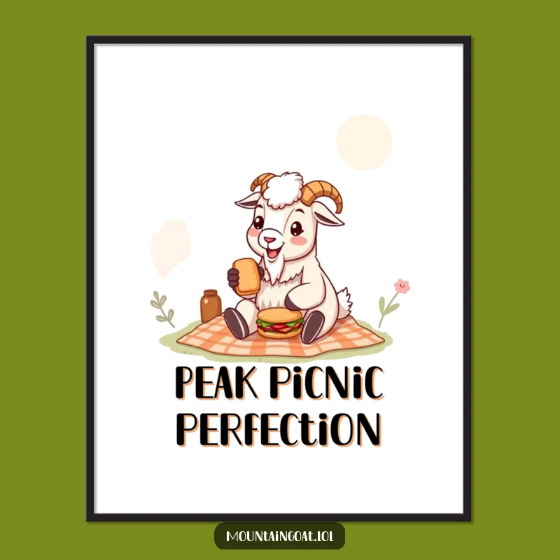 Funny Mountain Goat Poster: Cheerful Picnic Goat with Sandwich, Humorous Wall Art Gift