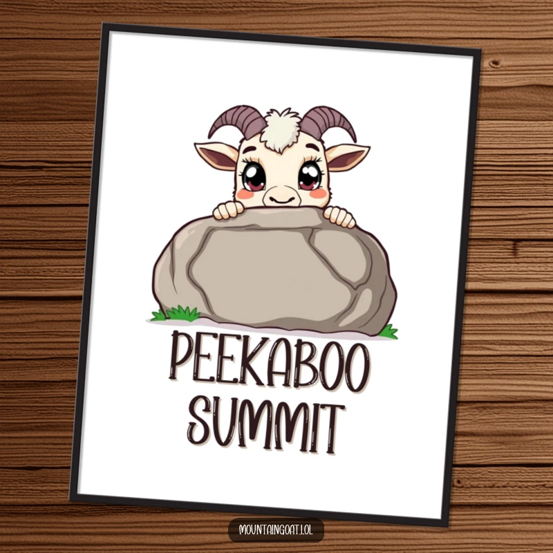Funny curious mountain goat poster, peeking over a large boulder with wide pupils, a charming piece of art celebrating curiosity.