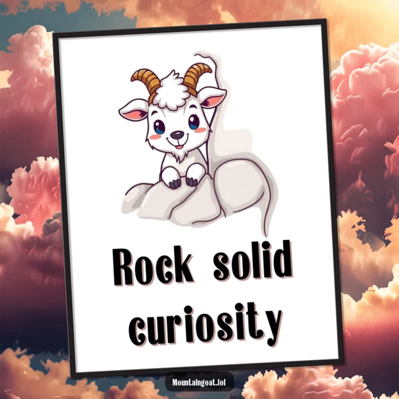Funny poster showcasing a mountain goat character peeking from behind a rock, conveying a sense of playful curiosity and outdoor charm.