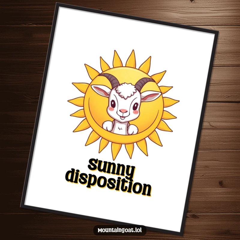 Funny poster art of a goat peeking from behind a giant smiling sun, a humorous and uplifting piece of wall decor.