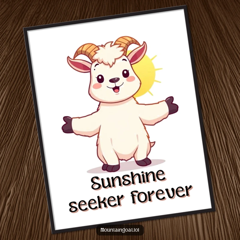 Funny kawaii mountain goat with arms outstretched, embracing sunshine, presented as cheerful wall art poster.