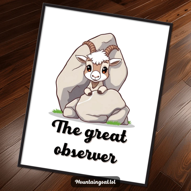 Funny Curious Goat Poster: A delightful illustration of a curious mountain goat with wide eyes peeking from behind a large, smooth rock.