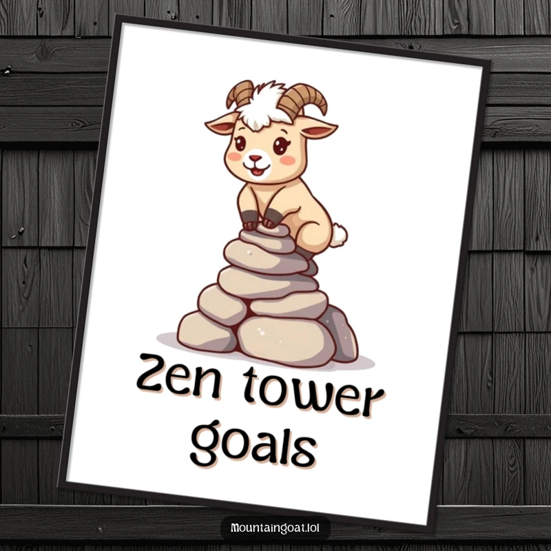 Funny kawaii mountain goat carefully balancing a stack of small rocks, presented as motivational wall art.