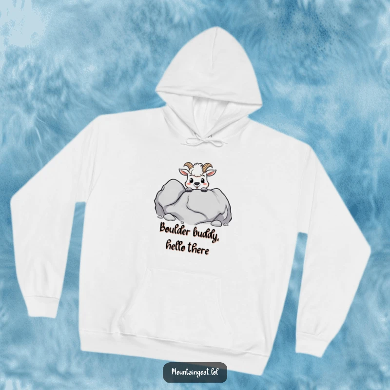 Funny kawaii mountain goat, peeking mischievously from behind a boulder, printed on a warm, soft hoodie.