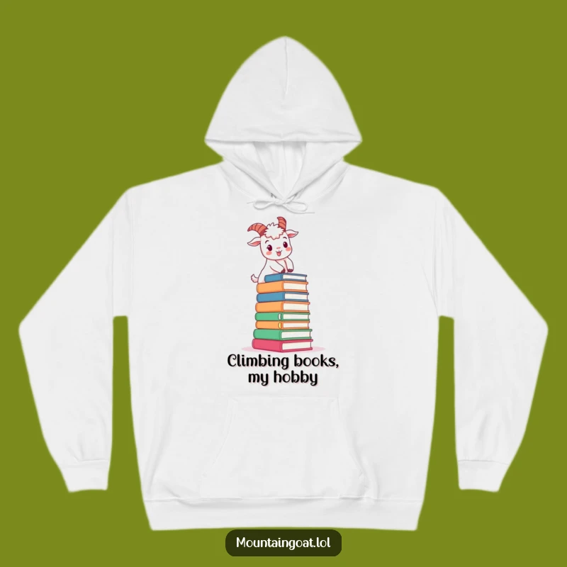 Funny Book Climbing Goat Hoodie: Cozy Determination with a Cheerful Goat
