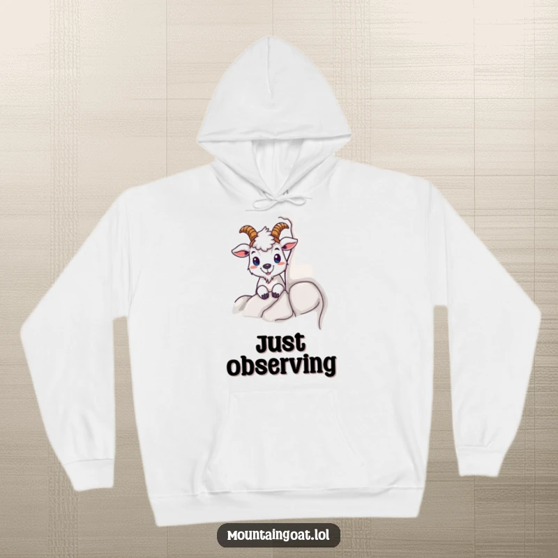 Funny hoodie with a mountain goat character peeking from behind a rock, offering warmth and a humorous, intriguing design for casual wear.