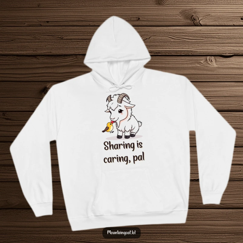 Funny Hoodie: A gentle mountain goat shares a berry with a tiny, wide-eyed bird, representing sweet friendship.