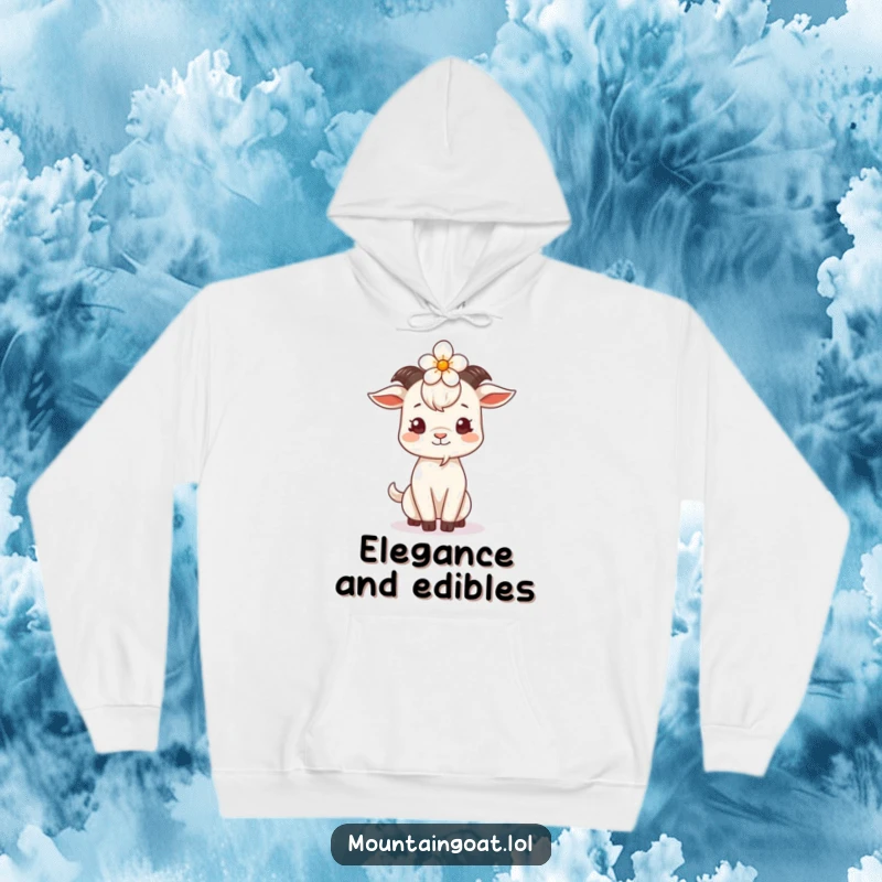 Funny Goat Flower Head Hoodie, depicting a charming goat balancing a delicate flower on its head, designed for maximum cozy humor.