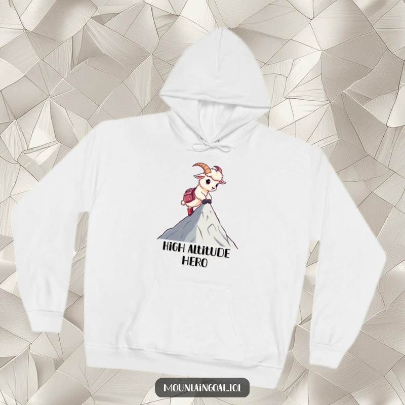 Funny hoodie featuring a kawaii mountain goat wearing small hiking boots, celebrating the humorous achievement of reaching a peak.