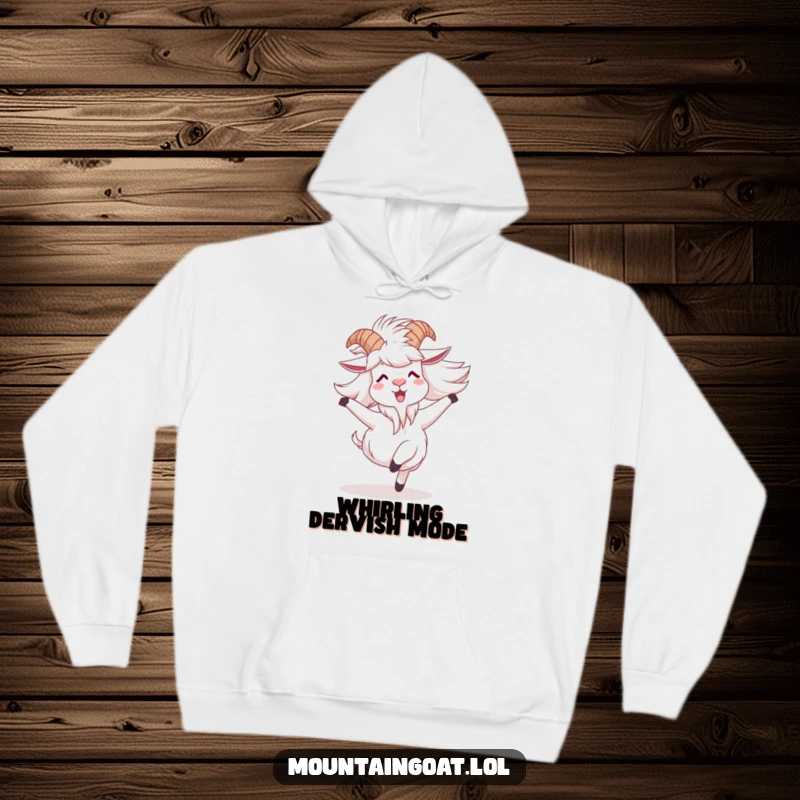 Funny mountain goat hoodie showing a character joyfully spinning with windblown fur, perfect for warmth and spirited fun.