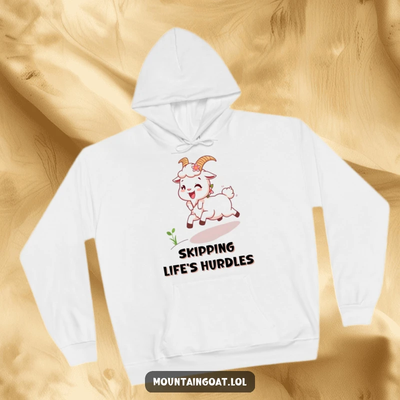 Funny Joyous Goat Hoodie: A cozy hoodie featuring a happy mountain goat with flowers nestled in its fur, skipping uphill.