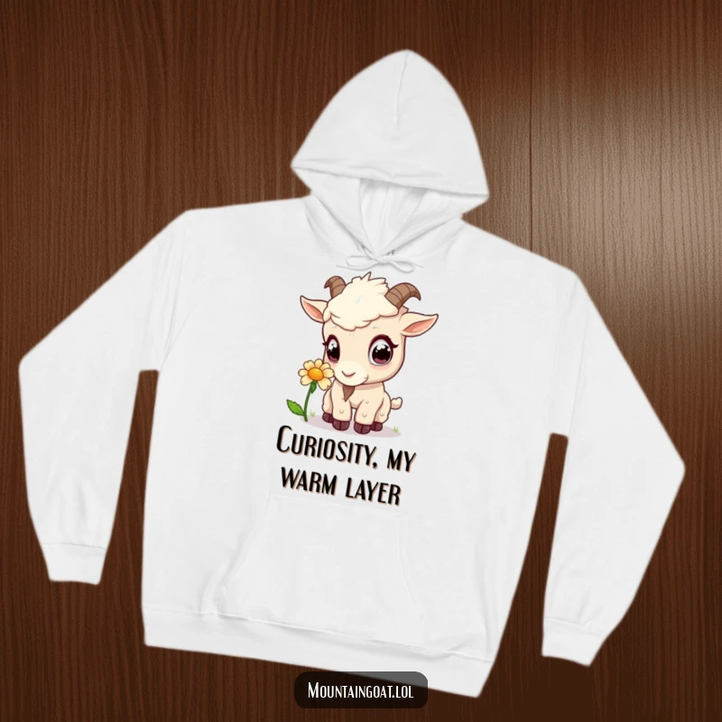 Funny kawaii mountain goat with large, curious eyes smelling a flower, featured on a warm, comfortable hoodie.