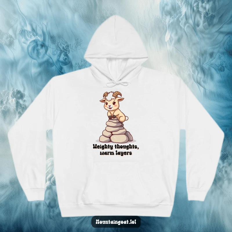 Funny kawaii mountain goat balancing a stack of rocks, featured on a motivational and comfortable hoodie.
