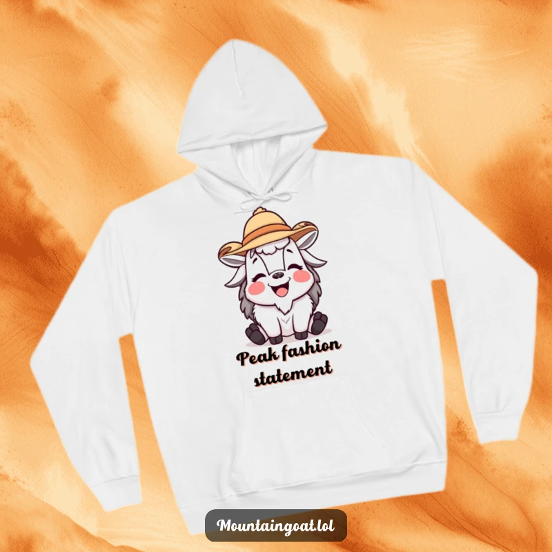 Funny mountain goat hoodie featuring a hilarious laughing goat wearing a small, jaunty hat, designed for ultimate comfort and amusement.