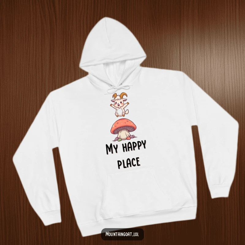 Funny mountain goat hoodie showcasing a joyful character bouncing on a large mushroom, designed for warmth and lighthearted amusement.