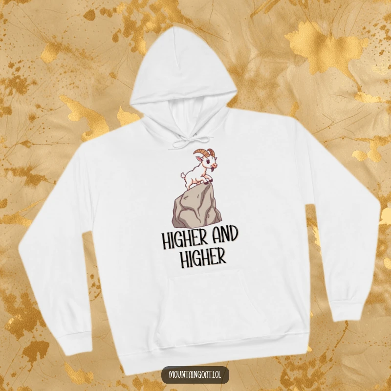 Funny brave mountain goat scaling a small cliff face with determination, illustrated on a cozy hoodie for explorers.