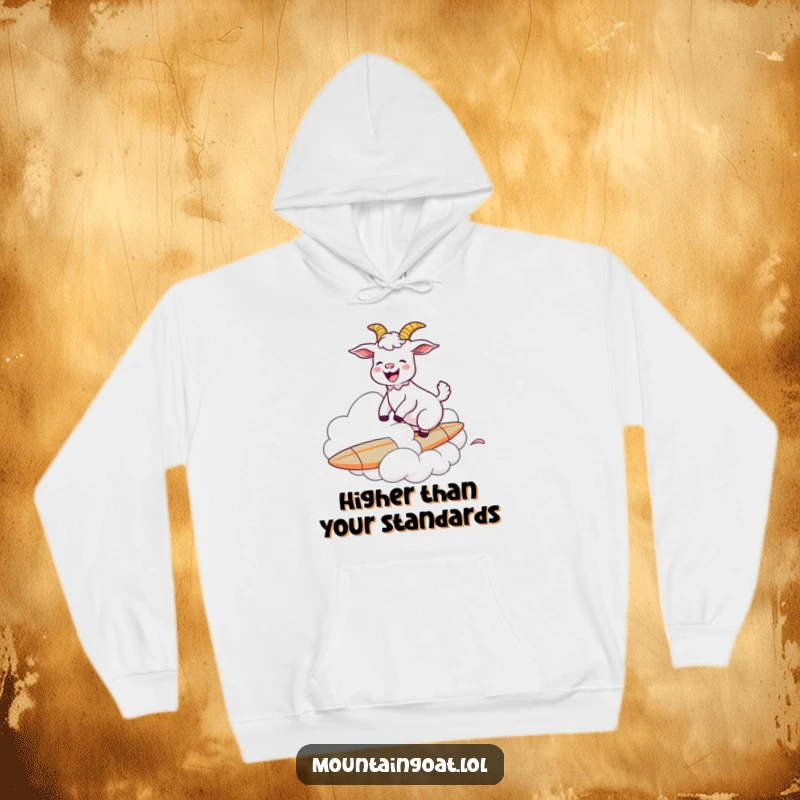 Funny goat joyfully surfboarding on a cloud, radiating happiness and adventure, perfect for a cozy and humorous hoodie.