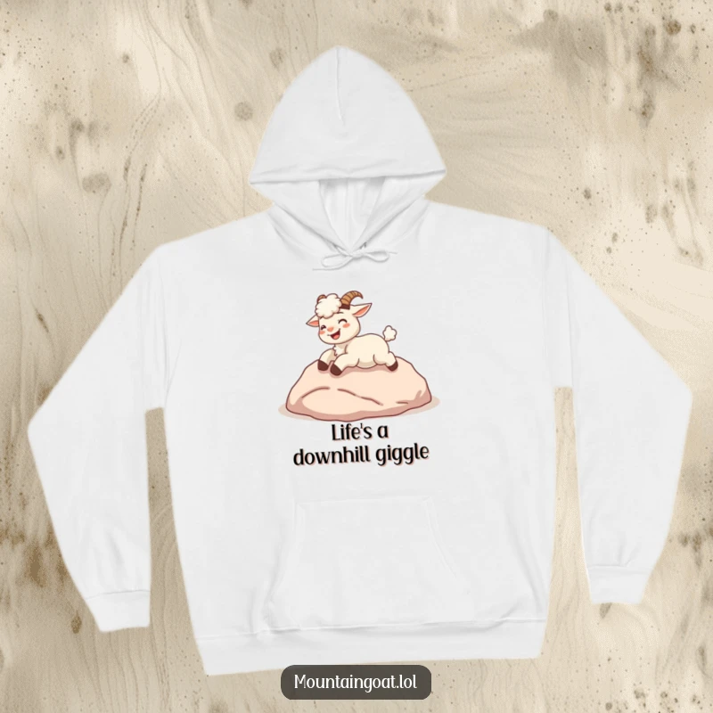 Funny kawaii mountain goat giggling and rolling down a soft hill, on a warm, cozy hoodie.