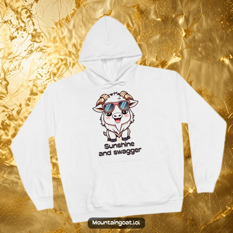 Funny Kawaii mountain goat hoodie featuring a smiling goat with oversized sunglasses, perfect for cozy and cool wear.